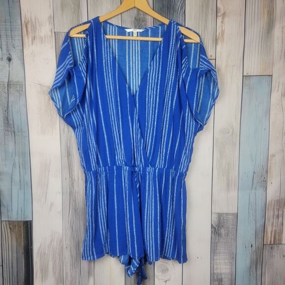 Hawaiian Tropic Blue Striped Romper Beach Cover Up Size Large - Picture 1 of 7